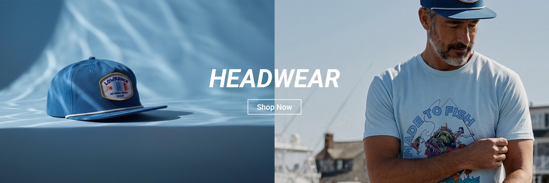 Photo of man wearing Lowrance hat with photo of Lowrance hat and HEADWEAR text overlaying